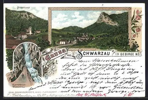 Lithographie Schwarzau im Gebirge, Gesamtansicht, Herrenlücke und Klafterbach-Wasserfall