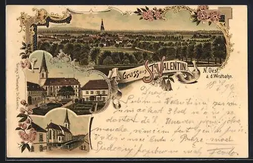 Lithographie St. Valentin, Gesamtansicht der Ortschaft aus der Vogelschau, Blick zur Kirche