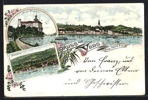 Lithographie Ybbs a. d. Donau, Schloss Persenbeug und Uferpartie