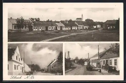 AK Schrick /N.-Oe., Teilansicht mit Kirche und Strassenpartien mit Wohnhausreihen