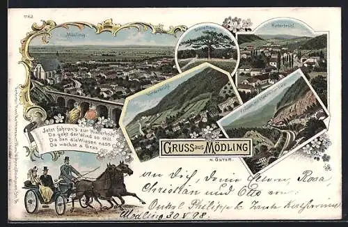 Lithographie Mödling, Gesamtansichten, Klausen mit Elektrischer Bahn, Vorderbrühl