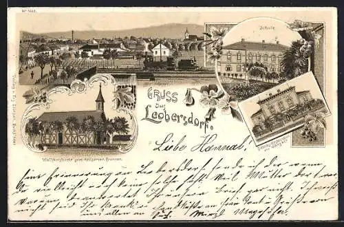 Lithographie Leobersdorf, Fabriks-Restauration von Ganz & Co., Schule, Wallfahrtskirche, Lokomotive vor der Ortschaft