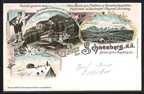 Lithographie Puchberg am Schneeberg, Schneeberghotel zum Baumgartner, Destillerie Kronich