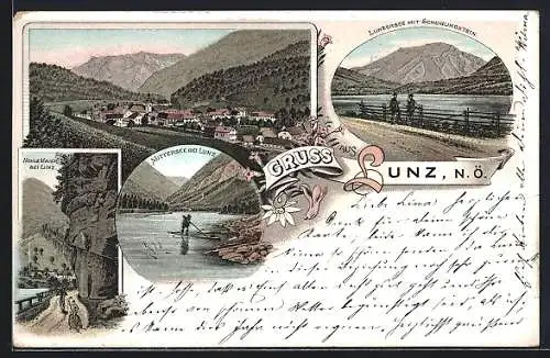 Lithographie Lunz /N. Ö., Lunzersee mit Scheiblingstein, Mittersee, Hohle Mauer