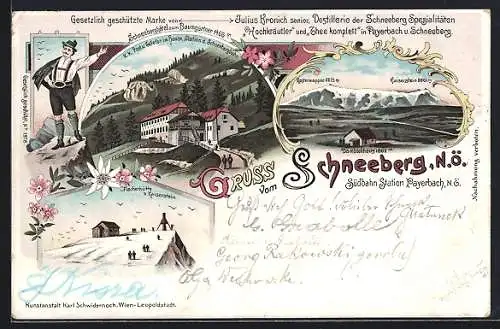 Lithographie Puchberg am Schneeberg, Schneeberghotel zum Baumgartner, Destillerie Kronich