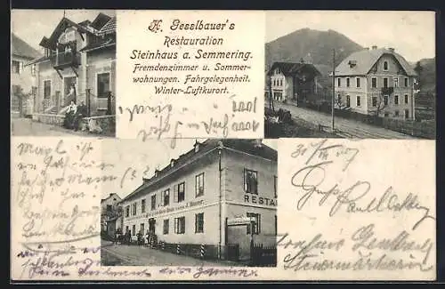 AK Semmering, H. Gesslbauer`s Restauration Steinhaus, Ansicht von der Strasse aus