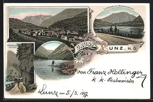 Lithographie Lunz /N. Ö., Lunzersee mit Scheiblingstein, Mittersee, Hohle Mauer