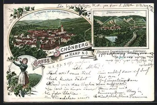 Lithographie Schönberg am Kamp, Ansicht mit Kalvarienberg und mit Schlossberg