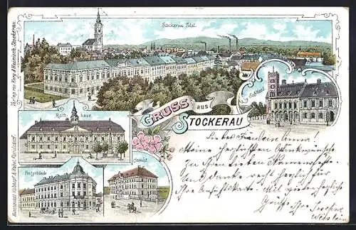 Lithographie Stockerau, Rathaus, Postgebäude, Schlössl