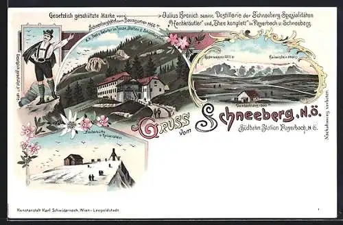 Lithographie Puchberg am Schneeberg, Schneeberghotel zum Baumgartner, Destillerie Kronich