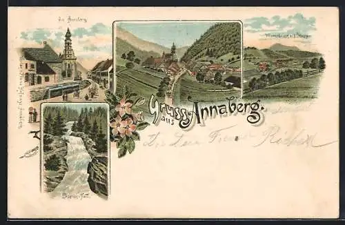 Lithographie Annaberg, Ortsansicht mit Lassing-Fall und Wienerbruck