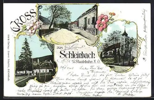 AK Schleinbach a. d. Staatsbahn, Ansicht mit Kirche und Strassenpartie