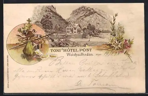 Lithographie Weichselboden, Blick auf Toni`s Hotel Post