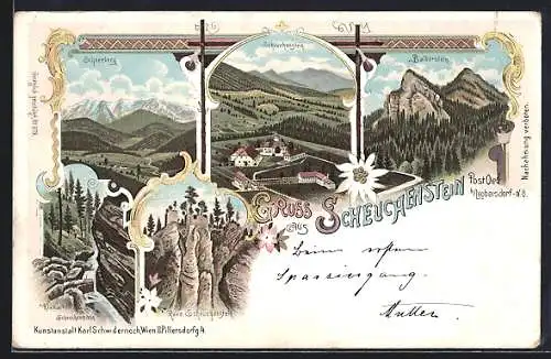 Lithographie Scheuchenstein, Ortsansicht mit Blick ins Land