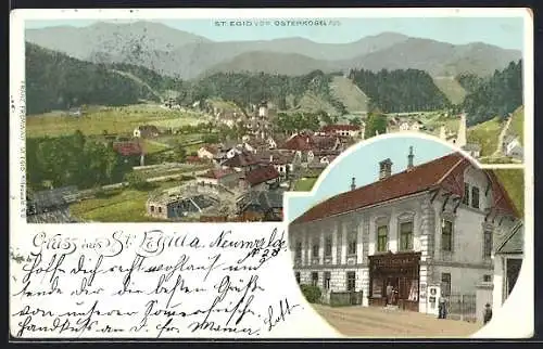 Lithographie St. Aegyd am Neuwalde, Geschäft, Ortsansicht vom Osterkogel aus