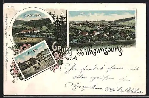 Lithographie Wilhelmsburg, Partie am Hauptplatz, Schloss Kreisbach