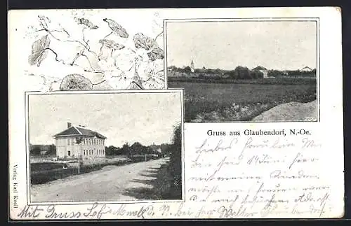 AK Glaubendorf /N.-Oe., Strassenpartie und Ortsansicht, Passepartout mit Blumen