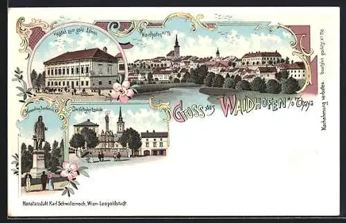 Lithographie Waidhofen /Thaya, Hotel zum goldenen Löwen, Ortsansicht, Hamerling Denkmal