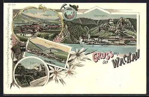 Lithographie Rossatz /Wachau, Totalansicht, Weissenkirchen, Aggstein und Dürrenstein