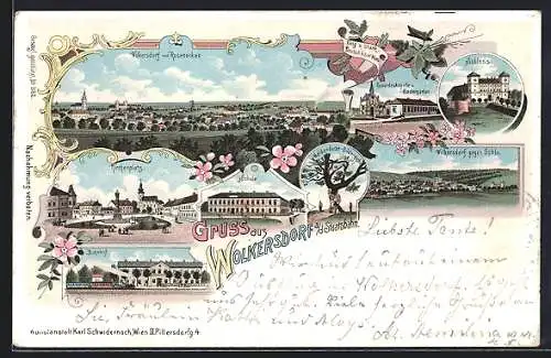 Lithographie Wolkersdorf a. d. Staatsbahn, Kirchenplatz, Schule, Bahnhof