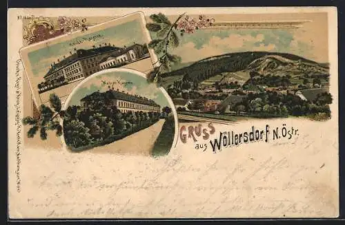 Lithographie Wöllersdorf /N.-Ö., Heide-Kaserne, Wasser-Kaserne und Totalansicht