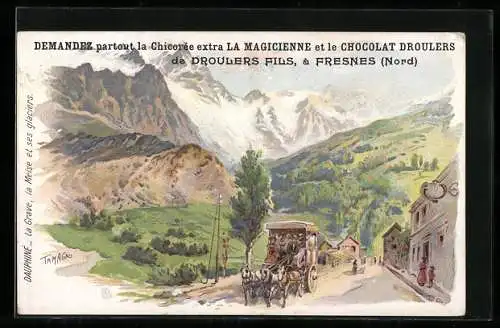 Lithographie Fresnes, Reklame für Chocolat Droulers, Kutsche in den Bergen