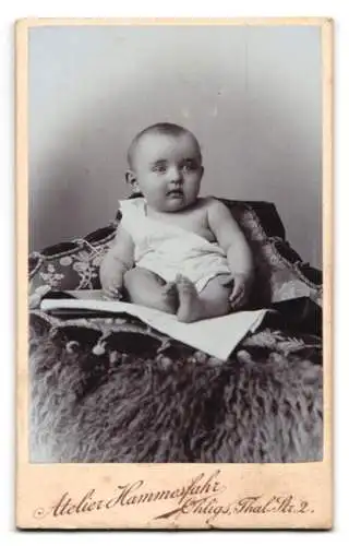 Fotografie Walter Hammesfahr, Ohligs, Thal-Strassen 2, Putte mit Plattenkamera - Fotoapparat, Rückseitig Baby Portrait