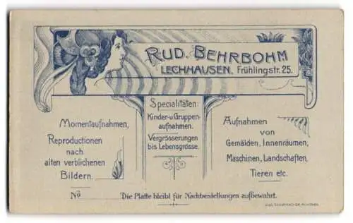 Fotografie Rud. Behrbohm, Lechhausen, Frühlingstr. 25, Dame mit aussergewöhnlichem Zopf, Rückseitig Herren Portrait