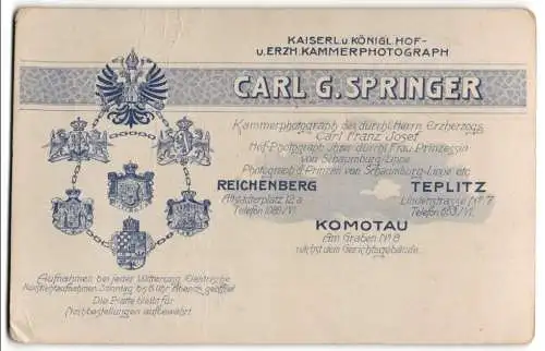 Fotografie Carl G. Springer, Teplitz, Lindenstr. 7, Wappen verschiedener Königshäuser, Rückseitig Herr mit Bart