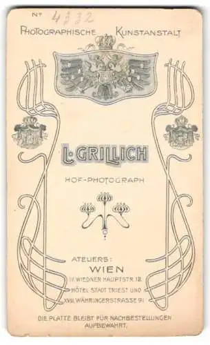 Fotografie L. Grillich, Wien, Wiedner Hauptstrasse 12, Wappen Österreich-Ungarn & Ornamente, Rückseitig Frauen-Portrait