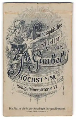 Fotografie Ph. Gimbel, Höchst / Main, Königsteinerstrasse 17, Putten als Fotograf & Kunstmaler, Rückseitig Baby-Portrait