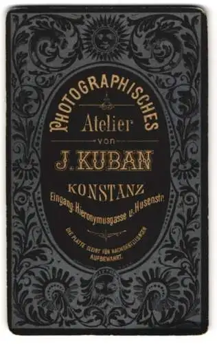 Fotografie J. Kuban, Konstanz, Husenstrasse, Sonne & florale Ornamente, Rückseitig Damen-Portrait