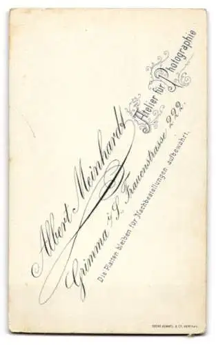 Fotografie Albert Meinhardt, Grimma i. S., Frauenstr. 222, Knabe in Sonntagskleidung mit Spielzeug-Pferd