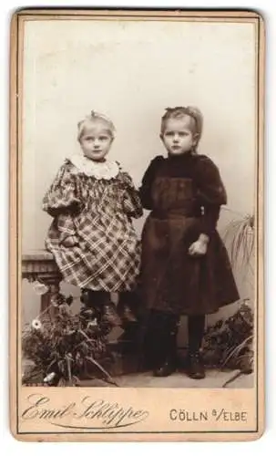 Fotografie Emil Schlippe, Cölln a. Elbe, Zwei Schwestern in festlichen Kleidern