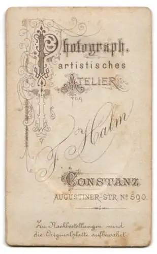 Fotografie F. Halm, Constanz, Augustiner-Str. 590, Porträt eines jungen Mannes