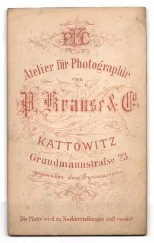 Fotografie P. Krause & Co, Kattowitz, Grundmannstrasse 23, Porträt eines Herrn mit Schnurrbart