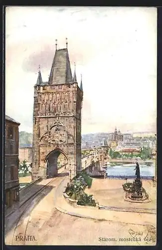 Künstler-AK J. Safarik: Prag, Altstädter Brückenturm