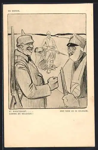 Künstler-AK Louis Raemaekers: And now as in Belgium, Deutsche Soldaten drohen Frau und Kind