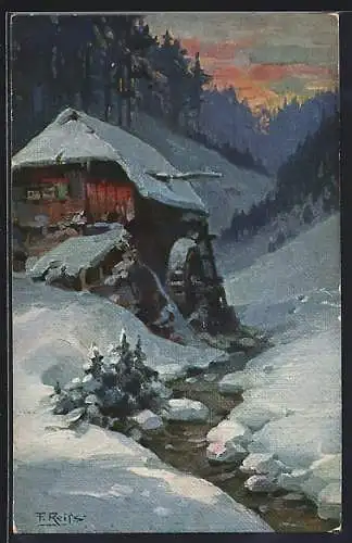 Künstler-AK Fritz Reiss: Winter im Schwarzwald, Wassermühle am Bach