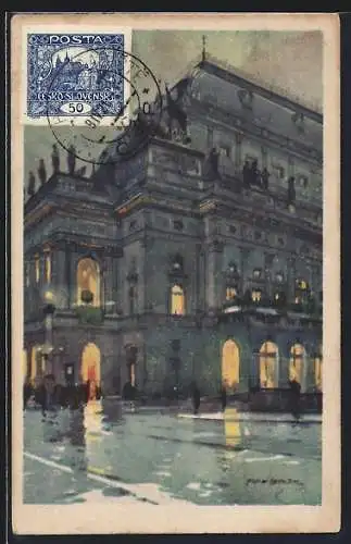 Künstler-AK Jaroslav Setelik: Prag, Das Nationaltheater mit leuchtenden Fenstern