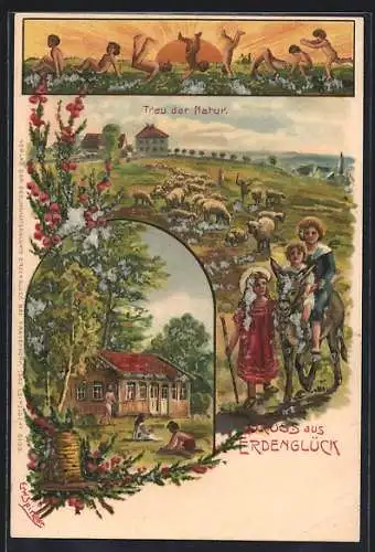 Künstler-AK Erwin Spindler: Erdenglück, Ländliche Idylle mit spielenden Kindern und Sonnenaufgang