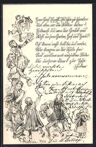 Künstler-AK Franz Skarbina: Kinderschar mit Blumen, Gedicht