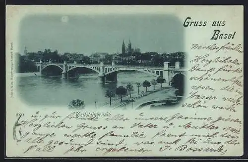 Mondschein-AK Basel, Wettsteinbrücke bei Nacht