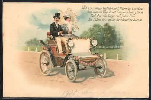 Lithographie Junges Paar in geschmücktem Auto, Gedicht