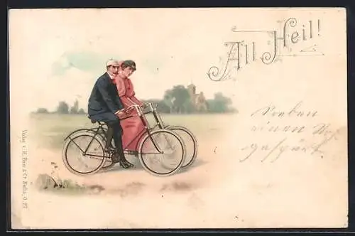 Lithographie All Heil!, mondänes Paar auf Fahrrädern