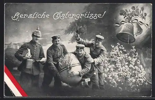 AK Soldaten in Uniform mit Osterei, Glocke, Ostergruss