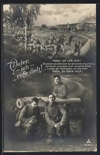 Foto-AK Artilleristen in Uniform beten, Vater ich rufe dich!, Infanterie greift an