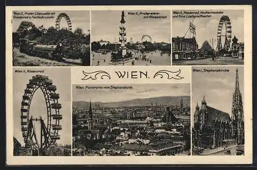 AK Wien, Prater, Praterstern mit Riesenrad, Riesenrad, Hochschaubahn und Kino Lustspieltheater, Stadtpanorama