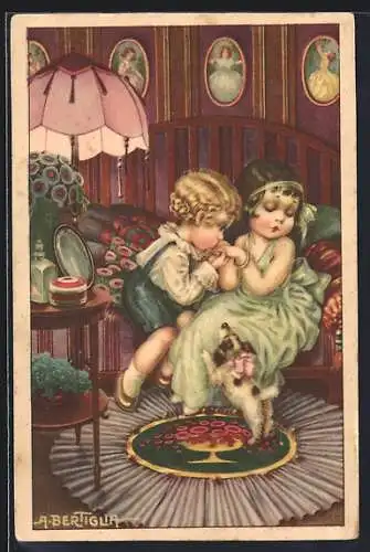Künstler-AK A. Bertiglia: Kleiner Junge küsst die Hand eines Mädchens