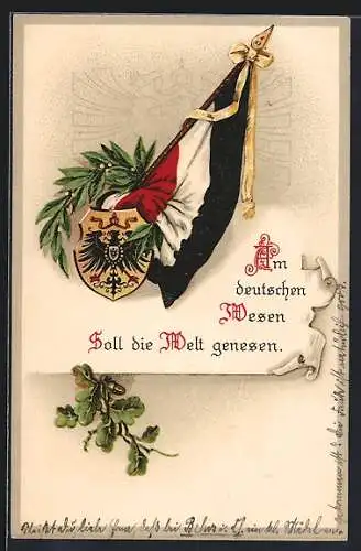 AK Reichsfahne mit Wappen, Spruch